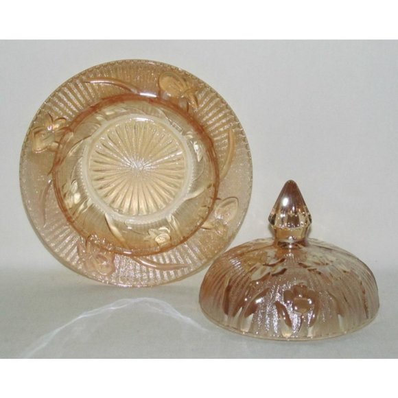 Jeannette Glass IRIS AND HERRINGBONE Marigold Iridescent Butter Dish with Lid
